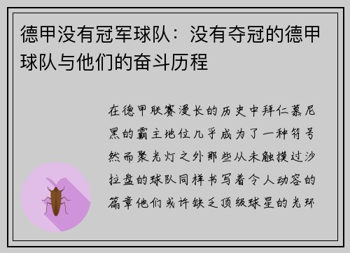 德甲没有冠军球队：没有夺冠的德甲球队与他们的奋斗历程